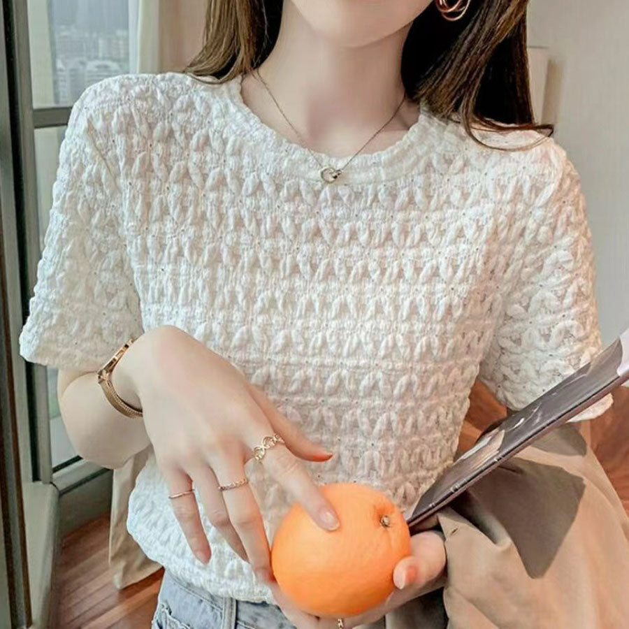 ショッピングゴー shoppinggo ブラウストップス 白 薄手 花柄 透かし編み Tシャツ レディース 半袖トップス 半袖カットソー おしゃれ 通勤 大人可愛い カジュアル （ホワイト） ホワイト