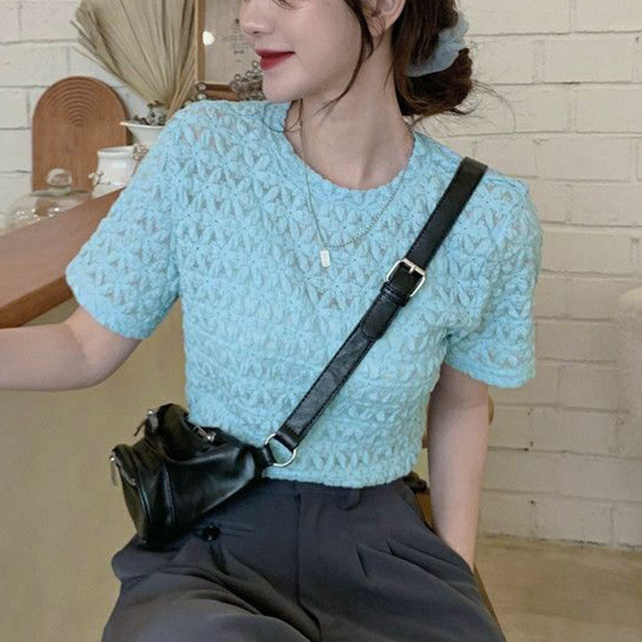 ショッピングゴー shoppinggo ブラウストップス 白 薄手 花柄 透かし編み Tシャツ レディース 半袖トップス 半袖カットソー おしゃれ 通勤 大人可愛い カジュアル （ブルー） ブルー