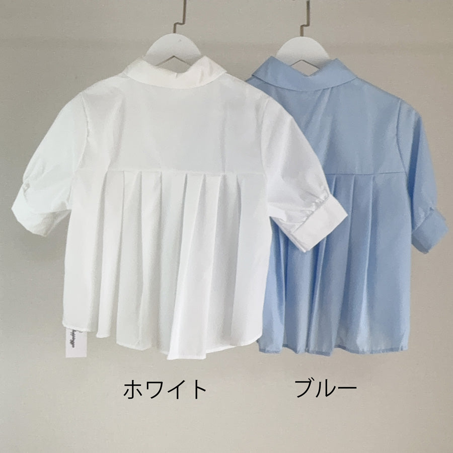ショッピングゴー shoppinggo バックプリーツシャツ タック ブラウス 半袖シャツブラウス プリーツ バックシャン 体型カバー タック 立体感 優雅 着痩せ ボリューム感 （ブルー） ブルー