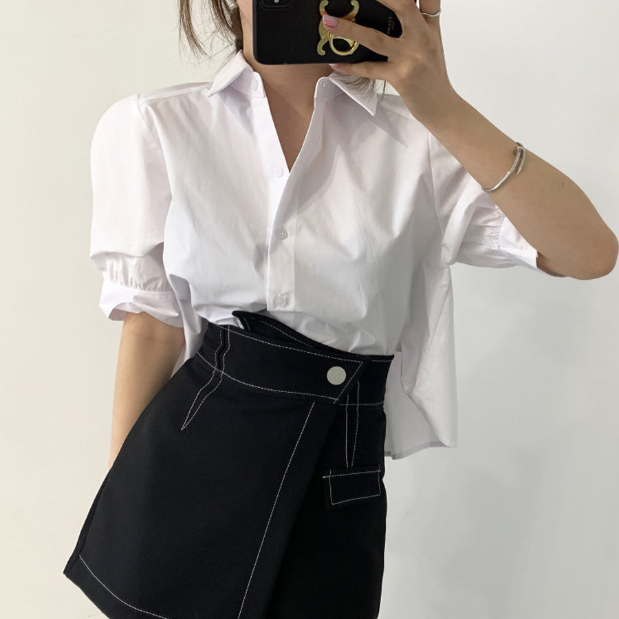 ショッピングゴー shoppinggo バックプリーツシャツ タック ブラウス 半袖シャツブラウス プリーツ バックシャン 体型カバー タック 立体感 優雅 着痩せ ボリューム感 （ブルー） ブルー