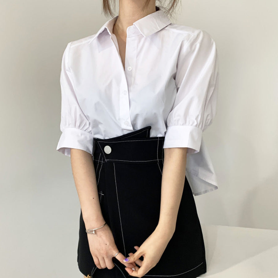 ショッピングゴー shoppinggo バックプリーツシャツ タック ブラウス 半袖シャツブラウス プリーツ バックシャン 体型カバー タック 立体感 優雅 着痩せ ボリューム感 （ブルー） ブルー