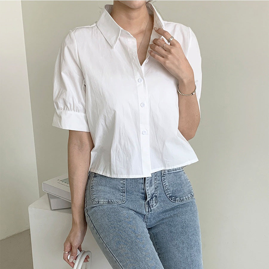 ショッピングゴー shoppinggo バックプリーツシャツ タック ブラウス 半袖シャツブラウス プリーツ バックシャン 体型カバー タック 立体感 優雅 着痩せ ボリューム感 （ブルー） ブルー