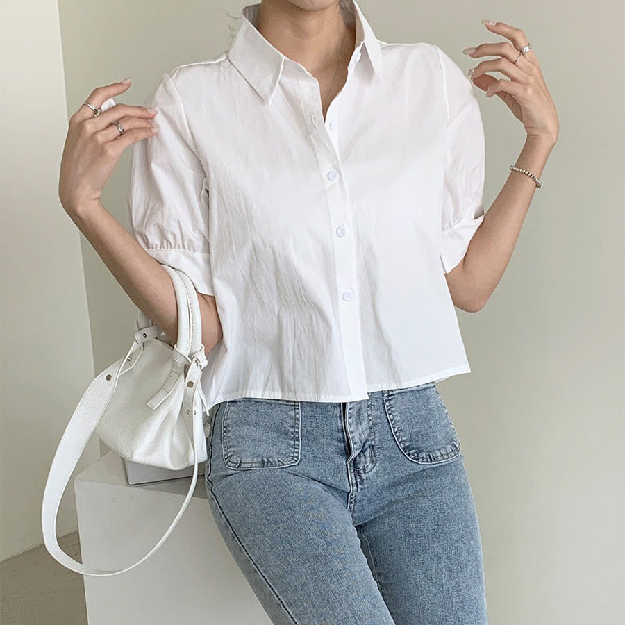 ショッピングゴー shoppinggo バックプリーツシャツ タック ブラウス 半袖シャツブラウス プリーツ バックシャン 体型カバー タック 立体感 優雅 着痩せ ボリューム感 （ブルー） ブルー