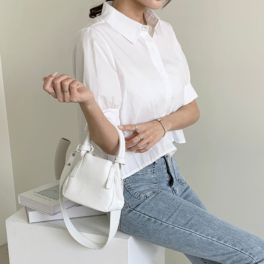 ショッピングゴー shoppinggo バックプリーツシャツ タック ブラウス 半袖シャツブラウス プリーツ バックシャン 体型カバー タック 立体感 優雅 着痩せ ボリューム感 （ブルー） ブルー