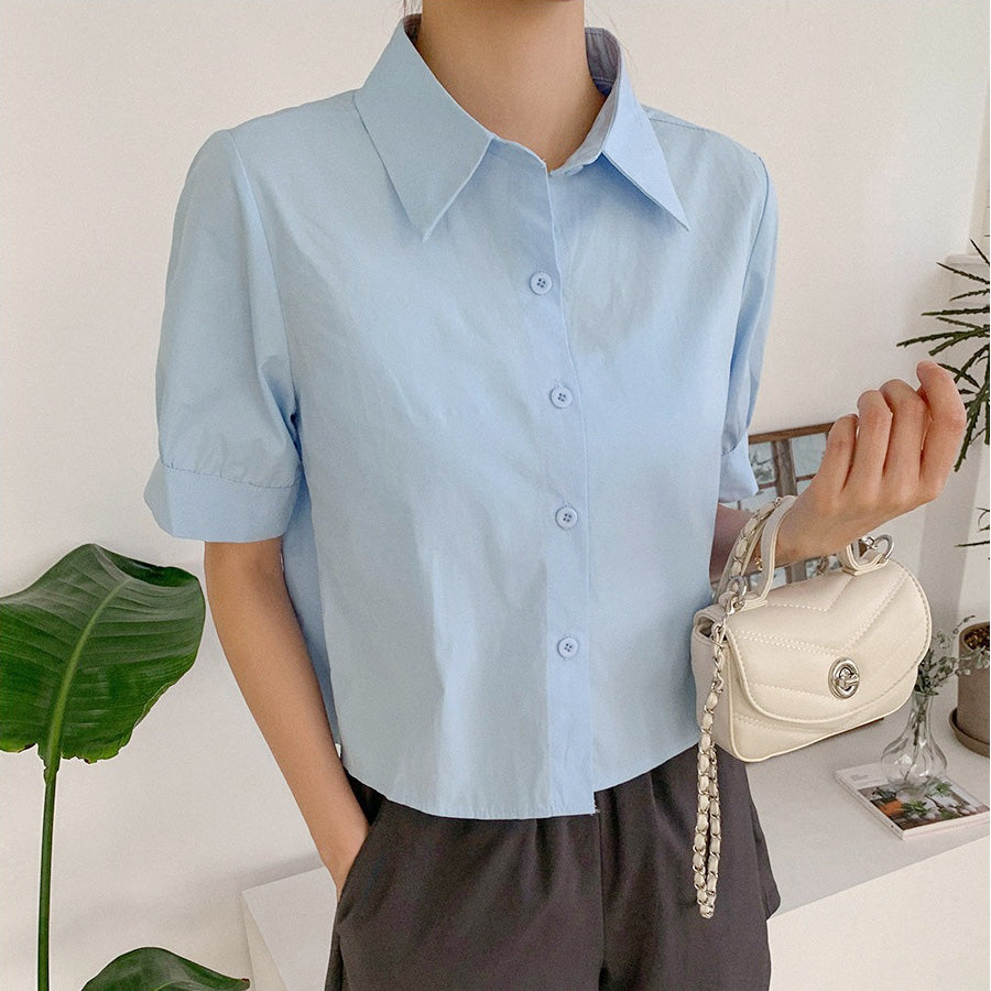 ショッピングゴー shoppinggo バックプリーツシャツ タック ブラウス 半袖シャツブラウス プリーツ バックシャン 体型カバー タック 立体感 優雅 着痩せ ボリューム感 （ブルー） ブルー