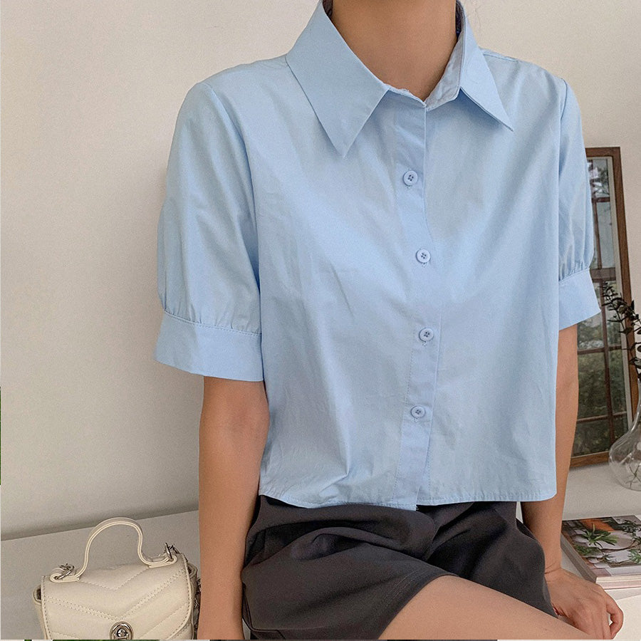ショッピングゴー shoppinggo バックプリーツシャツ タック ブラウス 半袖シャツブラウス プリーツ バックシャン 体型カバー タック 立体感 優雅 着痩せ ボリューム感 （ブルー） ブルー