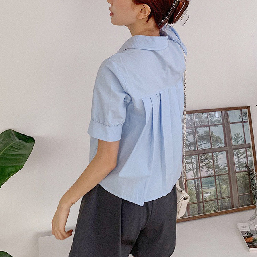 ショッピングゴー shoppinggo バックプリーツシャツ タック ブラウス 半袖シャツブラウス プリーツ バックシャン 体型カバー タック 立体感 優雅 着痩せ ボリューム感 （ブルー） ブルー