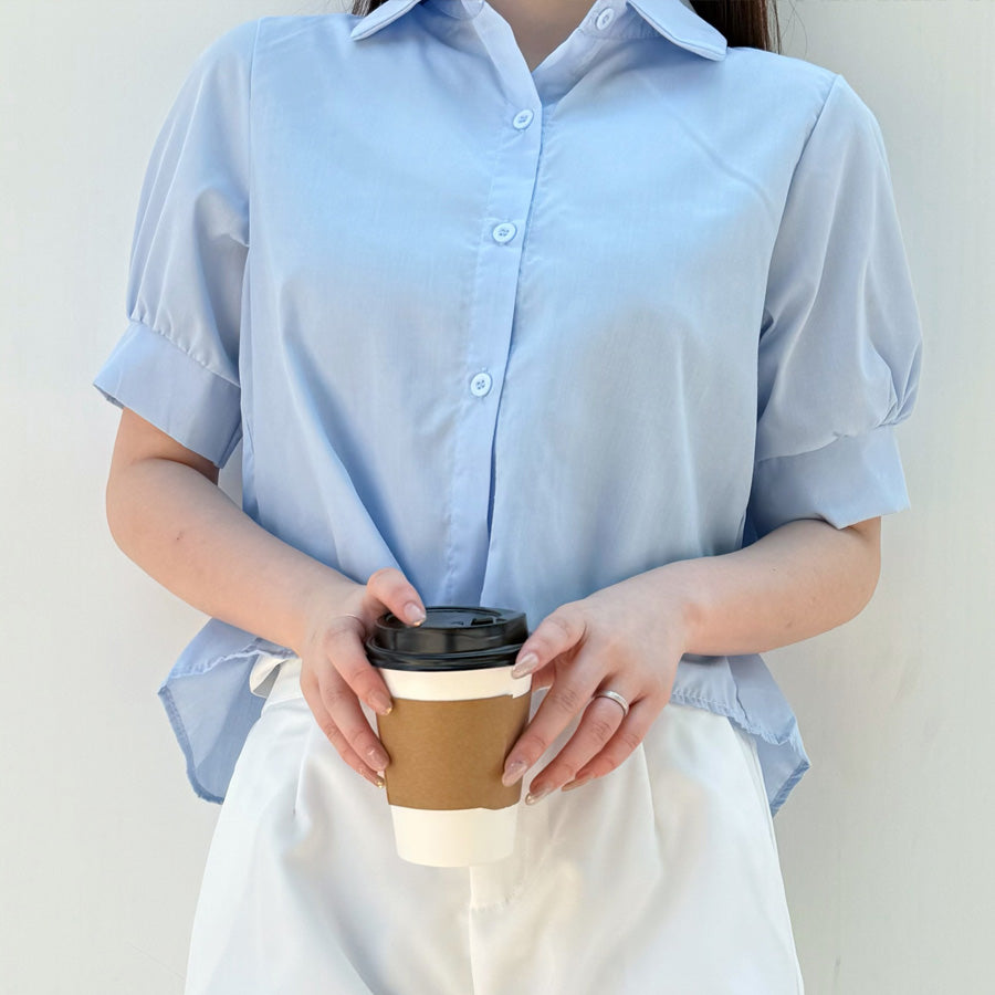 ショッピングゴー shoppinggo バックプリーツシャツ タック ブラウス 半袖シャツブラウス プリーツ バックシャン 体型カバー タック 立体感 優雅 着痩せ ボリューム感 （ブルー） ブルー