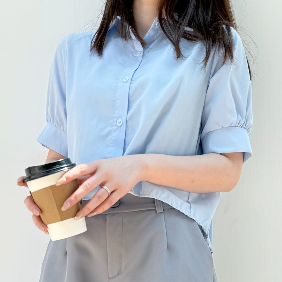 ショッピングゴー shoppinggo バックプリーツシャツ タック ブラウス 半袖シャツブラウス プリーツ バックシャン 体型カバー タック 立体感 優雅 着痩せ ボリューム感 （ブルー） ブルー