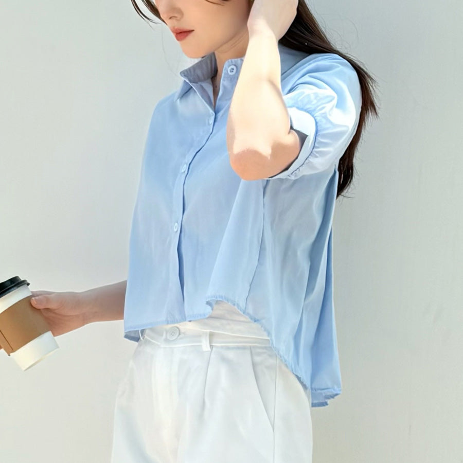 ショッピングゴー shoppinggo バックプリーツシャツ タック ブラウス 半袖シャツブラウス プリーツ バックシャン 体型カバー タック 立体感 優雅 着痩せ ボリューム感 （ブルー） ブルー