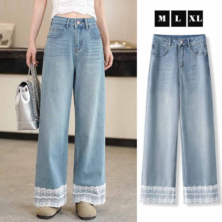 ショッピングゴー shoppinggo デニムパンツ 低身長 裾レース付き レディース ハイウエスト パンツ ワイド ハイウエスト ストレート ジーンズ ジーパン ストレートパンツ （ライトブルー） ライトブルー