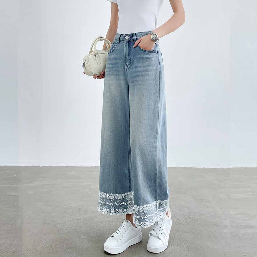 ショッピングゴー shoppinggo デニムパンツ 低身長 裾レース付き レディース ハイウエスト パンツ ワイド ハイウエスト ストレート ジーンズ ジーパン ストレートパンツ （ライトブルー） ライトブルー