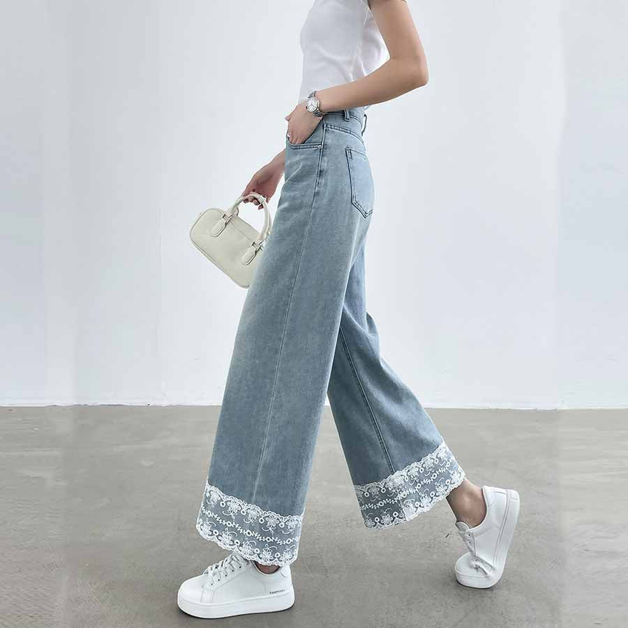 ショッピングゴー shoppinggo デニムパンツ 低身長 裾レース付き レディース ハイウエスト パンツ ワイド ハイウエスト ストレート ジーンズ ジーパン ストレートパンツ （ライトブルー） ライトブルー