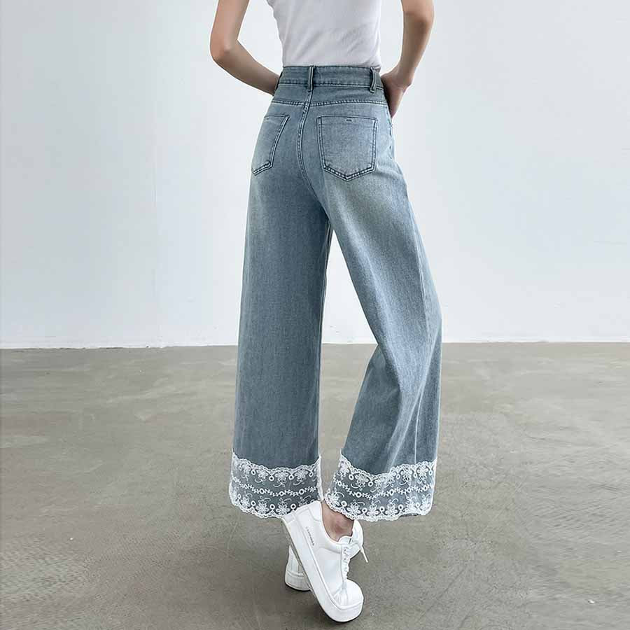 ショッピングゴー shoppinggo デニムパンツ 低身長 裾レース付き レディース ハイウエスト パンツ ワイド ハイウエスト ストレート ジーンズ ジーパン ストレートパンツ （ライトブルー） ライトブルー