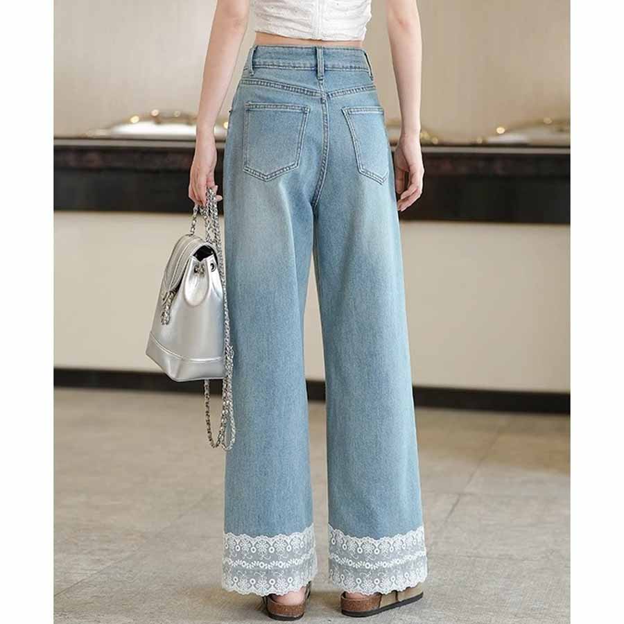 ショッピングゴー shoppinggo デニムパンツ 低身長 裾レース付き レディース ハイウエスト パンツ ワイド ハイウエスト ストレート ジーンズ ジーパン ストレートパンツ （ライトブルー） ライトブルー