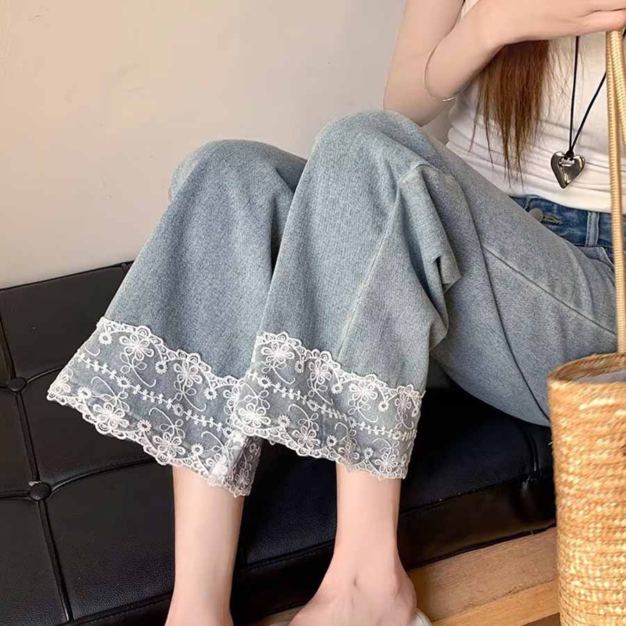 ショッピングゴー shoppinggo デニムパンツ 低身長 裾レース付き レディース ハイウエスト パンツ ワイド ハイウエスト ストレート ジーンズ ジーパン ストレートパンツ （ライトブルー） ライトブルー