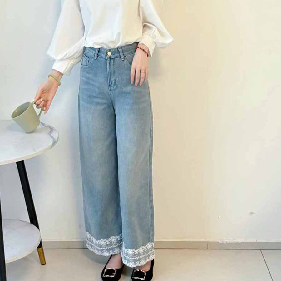 ショッピングゴー shoppinggo デニムパンツ 低身長 裾レース付き レディース ハイウエスト パンツ ワイド ハイウエスト ストレート ジーンズ ジーパン ストレートパンツ （ライトブルー） ライトブルー