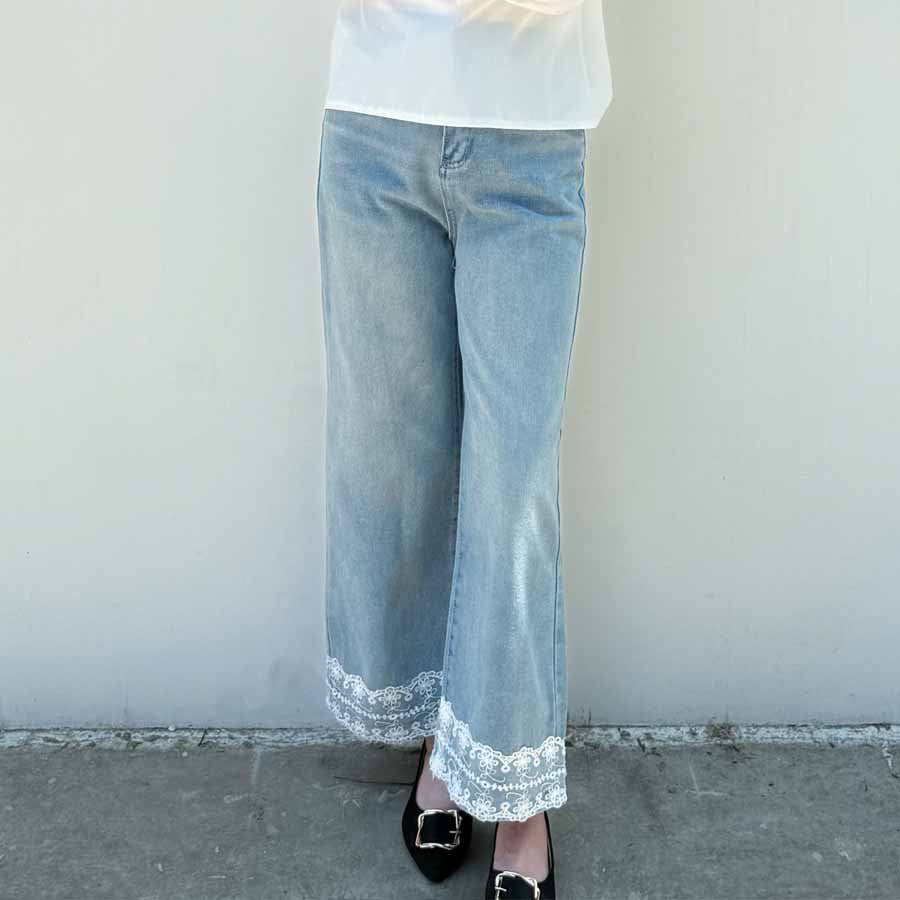 ショッピングゴー shoppinggo デニムパンツ 低身長 裾レース付き レディース ハイウエスト パンツ ワイド ハイウエスト ストレート ジーンズ ジーパン ストレートパンツ （ライトブルー） ライトブルー