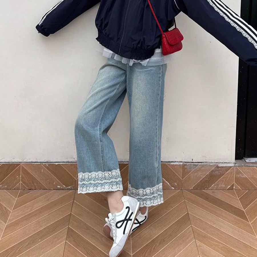 ショッピングゴー shoppinggo デニムパンツ 低身長 裾レース付き レディース ハイウエスト パンツ ワイド ハイウエスト ストレート ジーンズ ジーパン ストレートパンツ （ライトブルー） ライトブルー