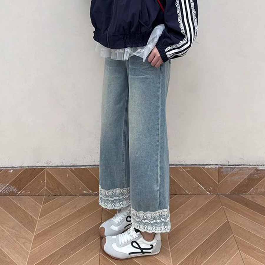 ショッピングゴー shoppinggo デニムパンツ 低身長 裾レース付き レディース ハイウエスト パンツ ワイド ハイウエスト ストレート ジーンズ ジーパン ストレートパンツ （ライトブルー） ライトブルー