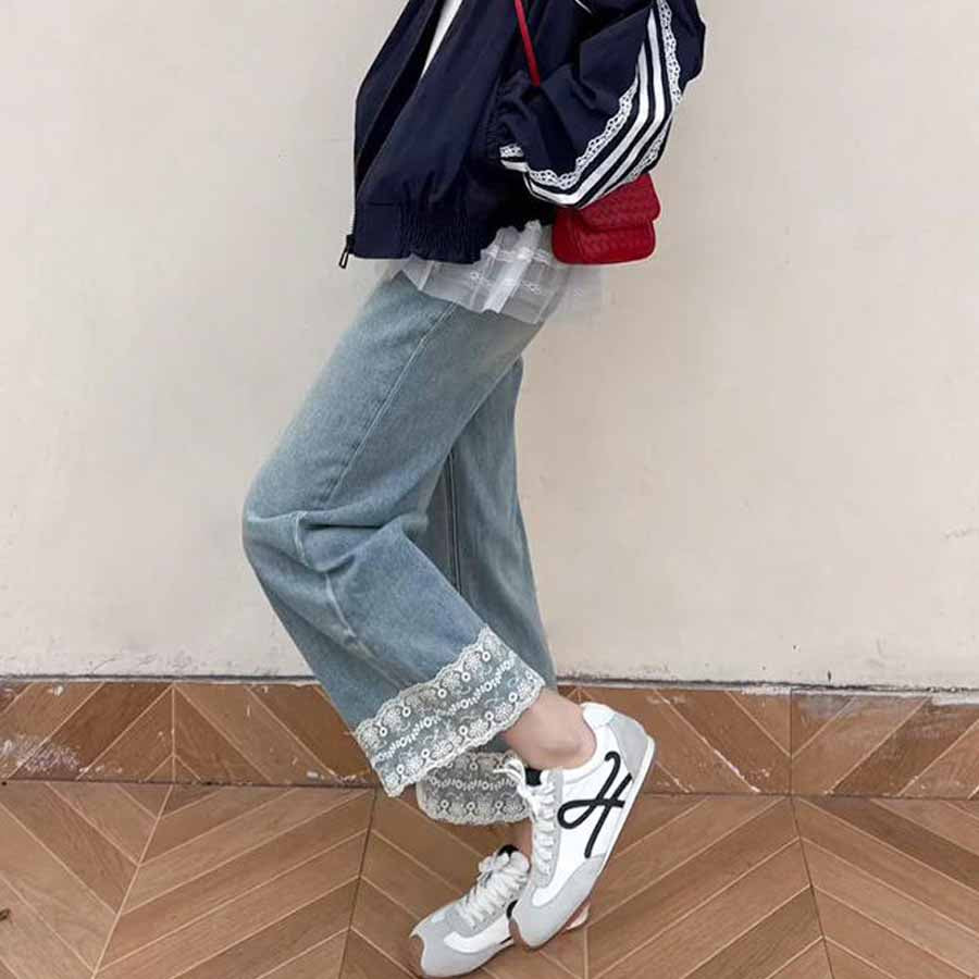 ショッピングゴー shoppinggo デニムパンツ 低身長 裾レース付き レディース ハイウエスト パンツ ワイド ハイウエスト ストレート ジーンズ ジーパン ストレートパンツ （ライトブルー） ライトブルー