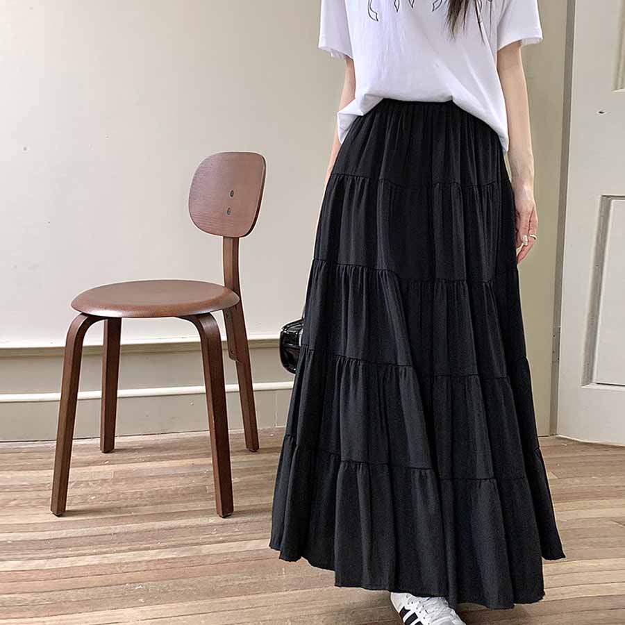 ショッピングゴー shoppinggo Aラインスカート レディース かわいい  マキシ丈フレアスカート ロング ひざ下 フリル ハイウェスト フレア裾  ボトムス 着痩せ （ブラック） ブラック