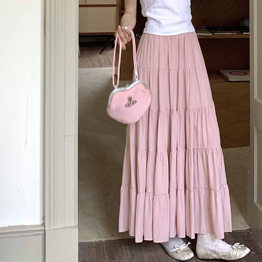 ショッピングゴー shoppinggo Aラインスカート レディース かわいい  マキシ丈フレアスカート ロング ひざ下 フリル ハイウェスト フレア裾  ボトムス 着痩せ （ブラック） ブラック