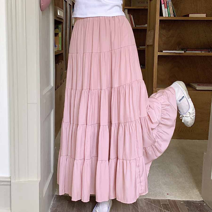 ショッピングゴー shoppinggo Aラインスカート レディース かわいい  マキシ丈フレアスカート ロング ひざ下 フリル ハイウェスト フレア裾  ボトムス 着痩せ （ブラック） ブラック