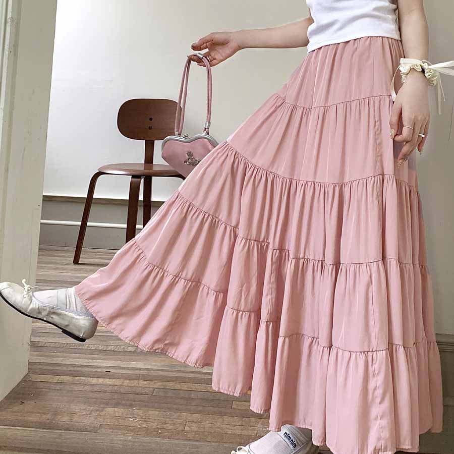 ショッピングゴー shoppinggo Aラインスカート レディース かわいい  マキシ丈フレアスカート ロング ひざ下 フリル ハイウェスト フレア裾  ボトムス 着痩せ （ブラック） ブラック