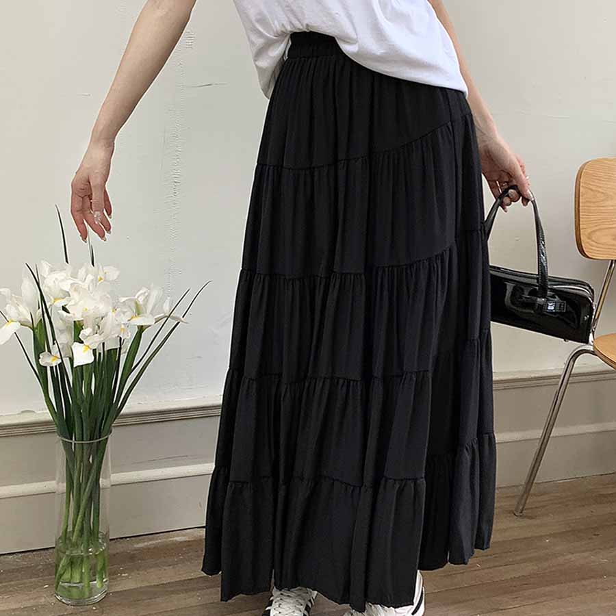 ショッピングゴー shoppinggo Aラインスカート レディース かわいい  マキシ丈フレアスカート ロング ひざ下 フリル ハイウェスト フレア裾  ボトムス 着痩せ （ブラック） ブラック