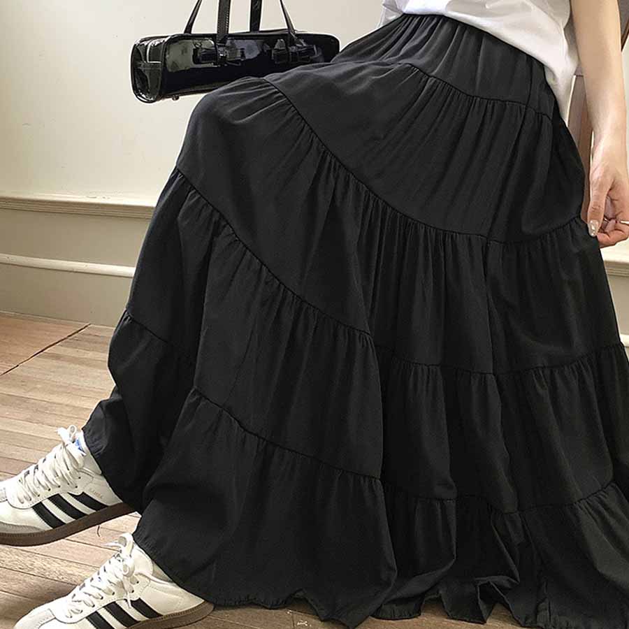 ショッピングゴー shoppinggo Aラインスカート レディース かわいい  マキシ丈フレアスカート ロング ひざ下 フリル ハイウェスト フレア裾  ボトムス 着痩せ （ブラック） ブラック