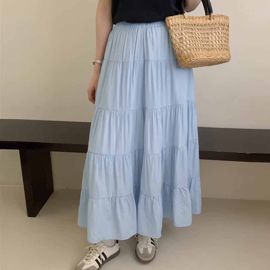 ショッピングゴー shoppinggo Aラインスカート レディース かわいい  マキシ丈フレアスカート ロング ひざ下 フリル ハイウェスト フレア裾  ボトムス 着痩せ （ブルー） ブルー