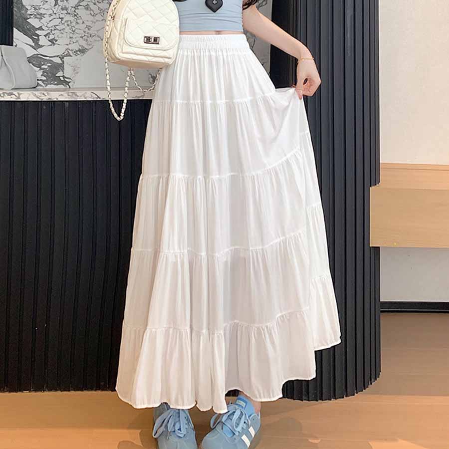 ショッピングゴー shoppinggo Aラインスカート レディース かわいい  マキシ丈フレアスカート ロング ひざ下 フリル ハイウェスト フレア裾  ボトムス 着痩せ （ホワイト） ホワイト