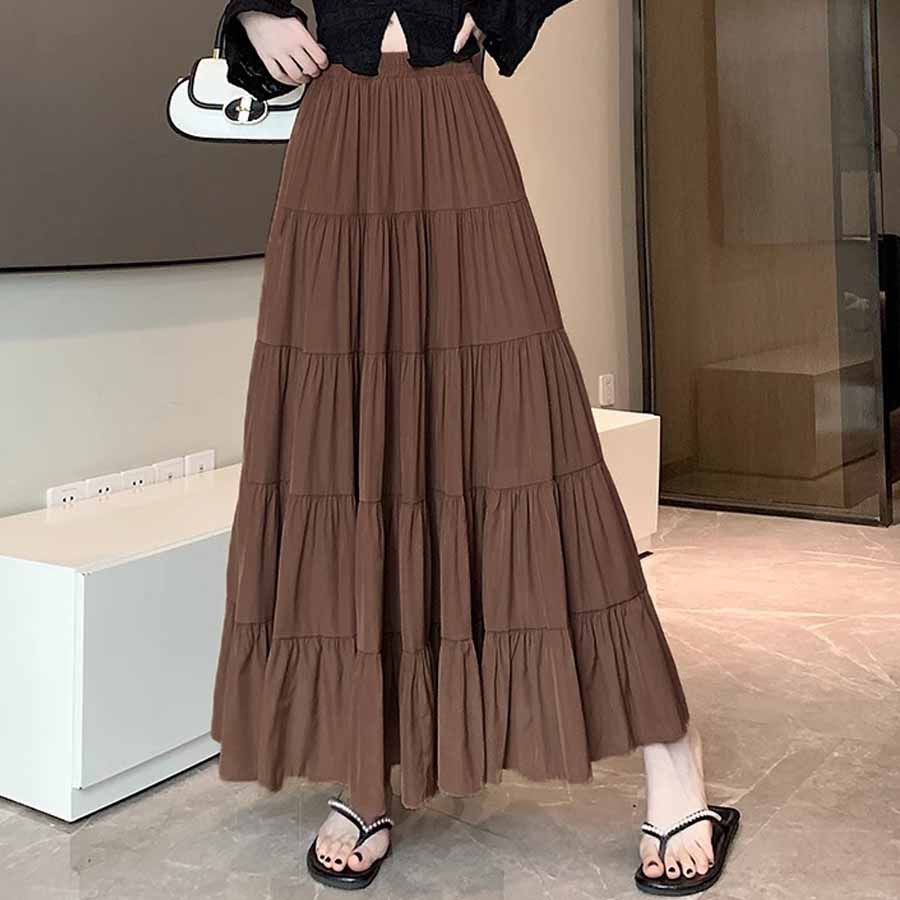 ショッピングゴー shoppinggo Aラインスカート レディース かわいい  マキシ丈フレアスカート ロング ひざ下 フリル ハイウェスト フレア裾  ボトムス 着痩せ （ブラウン） ブラウン