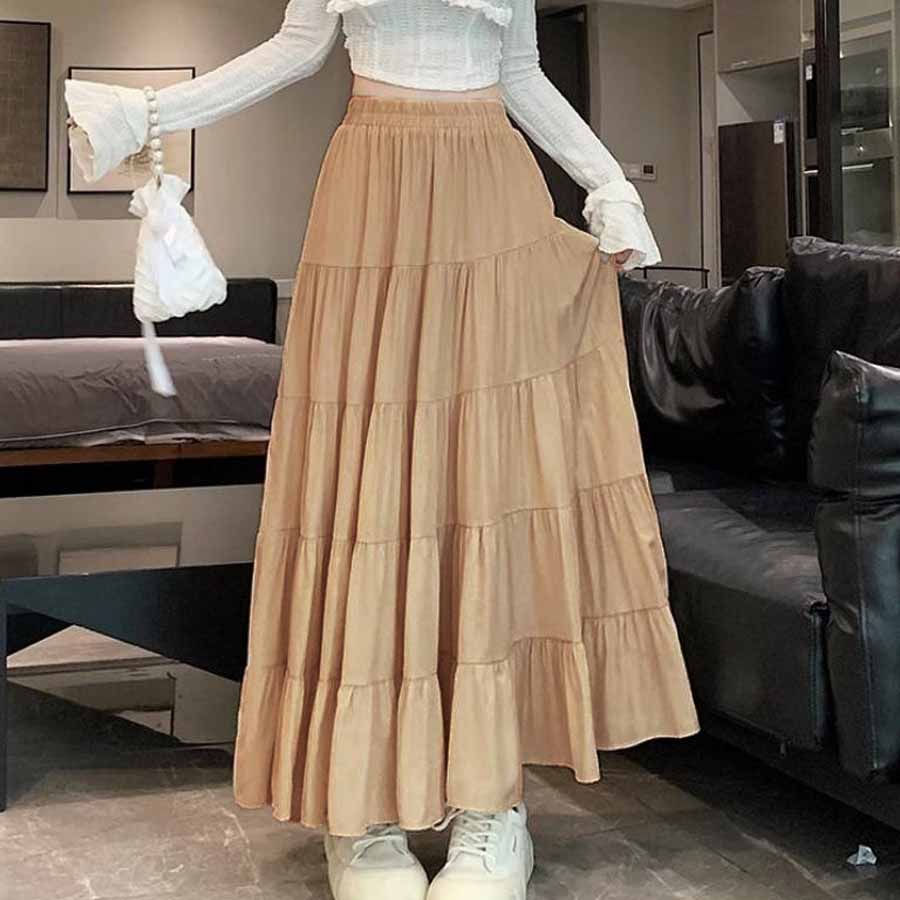 ショッピングゴー shoppinggo Aラインスカート レディース かわいい  マキシ丈フレアスカート ロング ひざ下 フリル ハイウェスト フレア裾  ボトムス 着痩せ （キャメル） キャメル