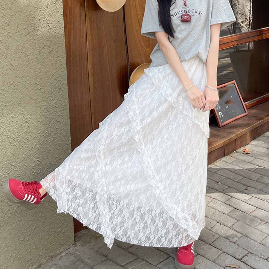 ショッピングゴー shoppinggo 総レーススカート 選べる2タイプ ロングスカート レディース 裏地付 ウエストゴム 高見え マキシ フレア 高見え 華やか 花柄レース 軽やか お洒落 キレイ目 （Aホワイト） Aホワイト