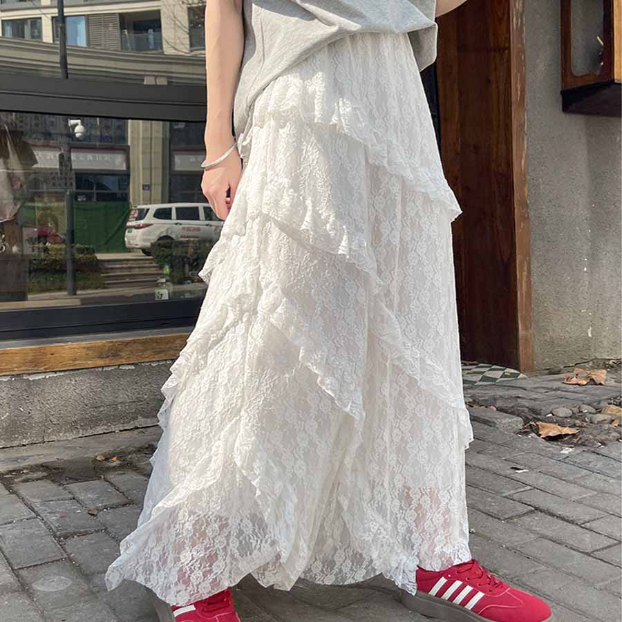 ショッピングゴー shoppinggo 総レーススカート 選べる2タイプ ロングスカート レディース 裏地付 ウエストゴム 高見え マキシ フレア 高見え 華やか 花柄レース 軽やか お洒落 キレイ目 （Aホワイト） Aホワイト