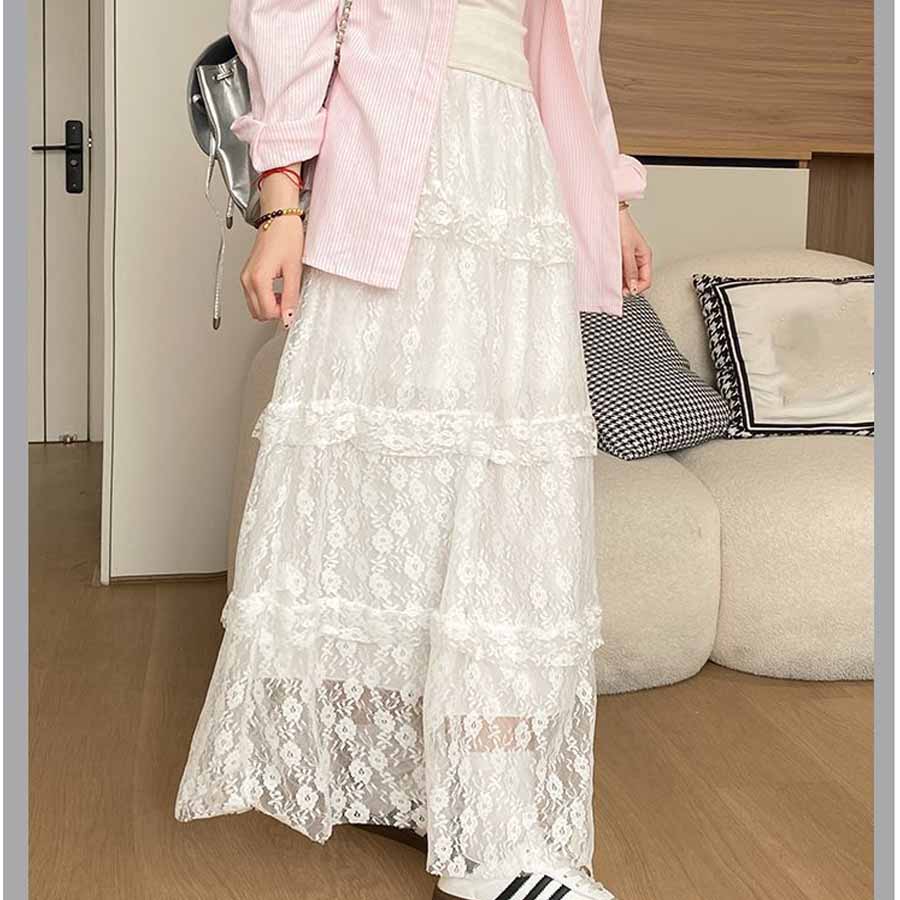 ショッピングゴー shoppinggo 総レーススカート 選べる2タイプ ロングスカート レディース 裏地付 ウエストゴム 高見え マキシ フレア 高見え 華やか 花柄レース 軽やか お洒落 キレイ目 （Aホワイト） Aホワイト