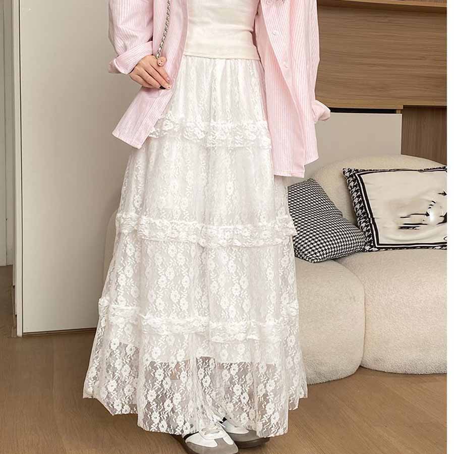 ショッピングゴー shoppinggo 総レーススカート 選べる2タイプ ロングスカート レディース 裏地付 ウエストゴム 高見え マキシ フレア 高見え 華やか 花柄レース 軽やか お洒落 キレイ目 （Aホワイト） Aホワイト