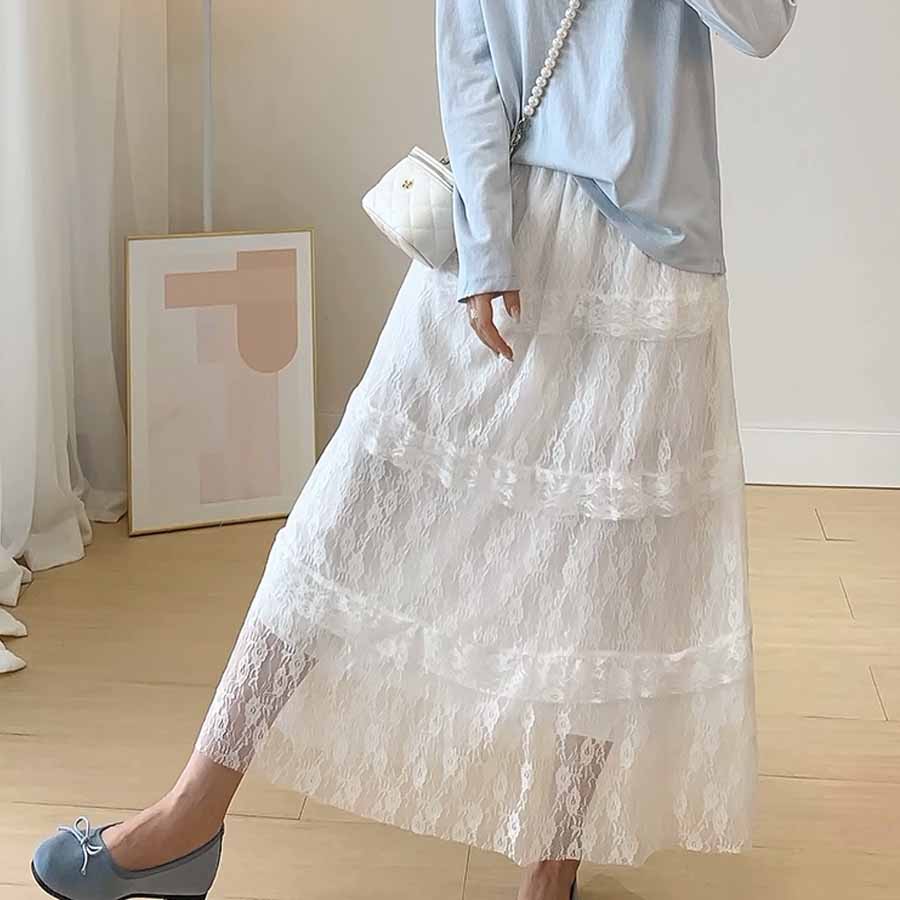 ショッピングゴー shoppinggo 総レーススカート 選べる2タイプ ロングスカート レディース 裏地付 ウエストゴム 高見え マキシ フレア 高見え 華やか 花柄レース 軽やか お洒落 キレイ目 （Aホワイト） Aホワイト