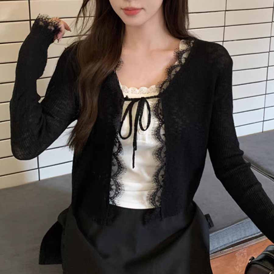 ショッピングゴー shoppinggo サマーカーディガン 透かし編み Vネックカーディガン トップス 長袖 ショート丈 前開き 透け感 重ね着 かわいい フェミニン （ブラック） ブラック