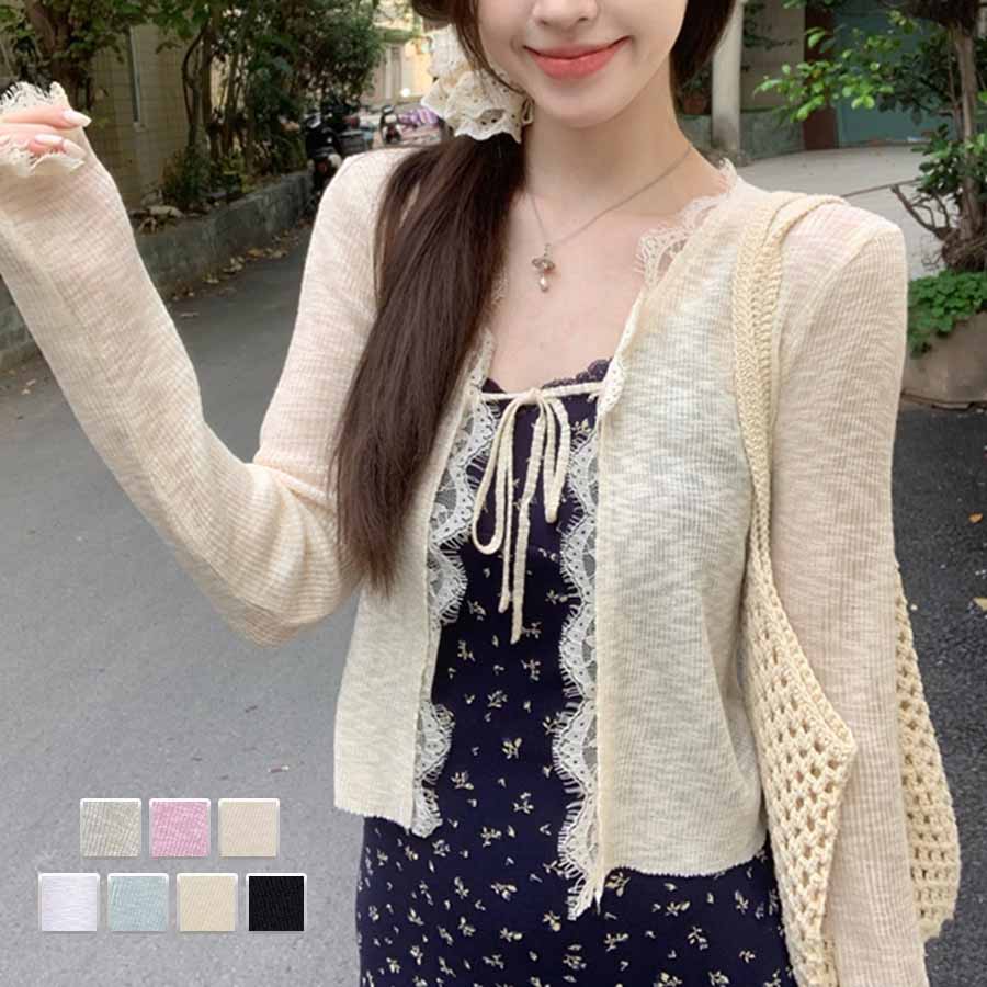 ショッピングゴー shoppinggo サマーカーディガン 透かし編み Vネックカーディガン トップス 長袖 ショート丈 前開き 透け感 重ね着 かわいい フェミニン （ブラック） ブラック