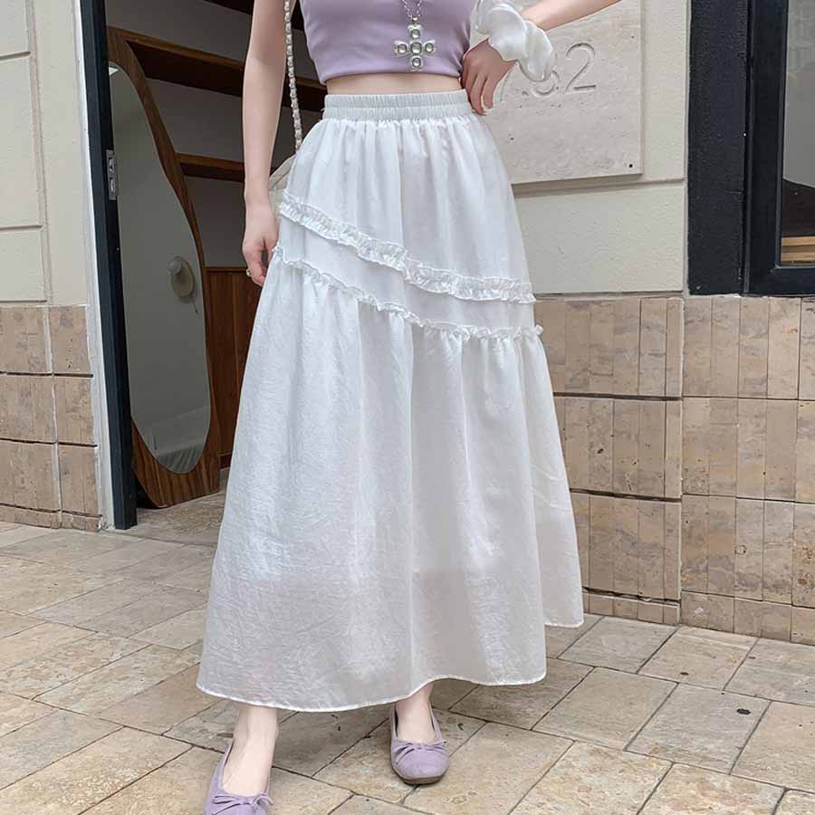 ショッピングゴー shoppinggo Aラインスカート レディース かわいい Aライン マキシ丈 フレアスカート ロング ひざ下 フリル ハイウェスト ボトムス 着痩せ 通勤 オシャレ フレア裾 （ホワイト） ホワイト