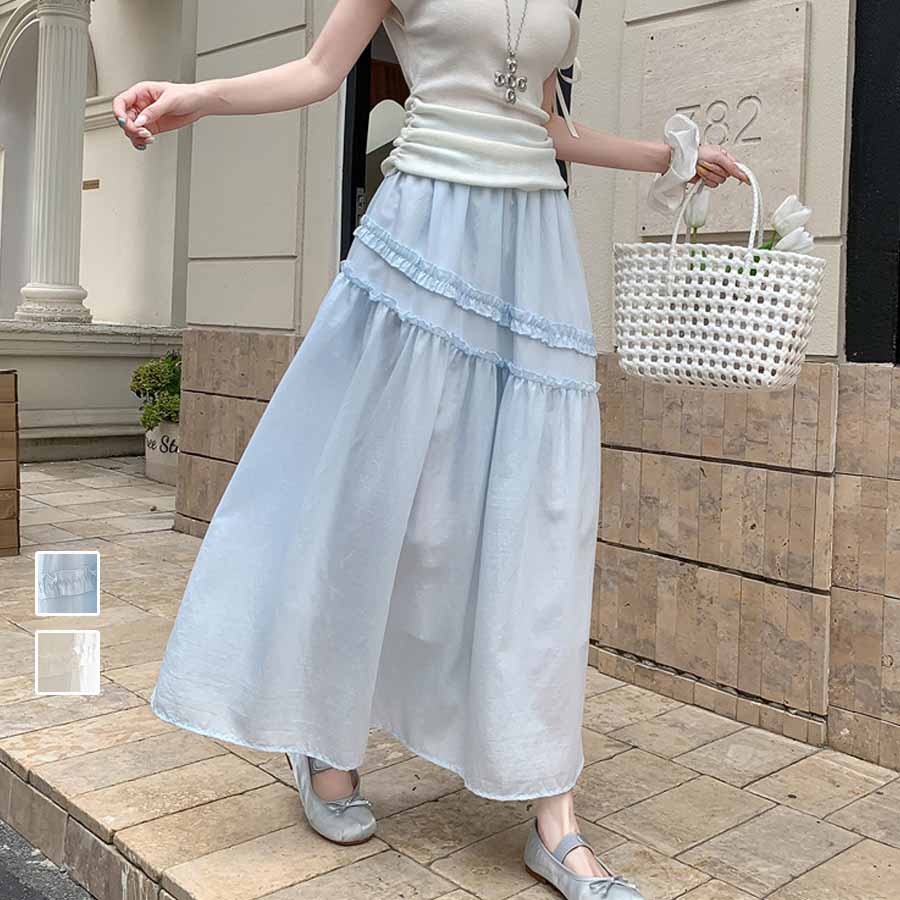 ショッピングゴー shoppinggo Aラインスカート レディース かわいい Aライン マキシ丈 フレアスカート ロング ひざ下 フリル ハイウェスト ボトムス 着痩せ 通勤 オシャレ フレア裾 （ホワイト） ホワイト