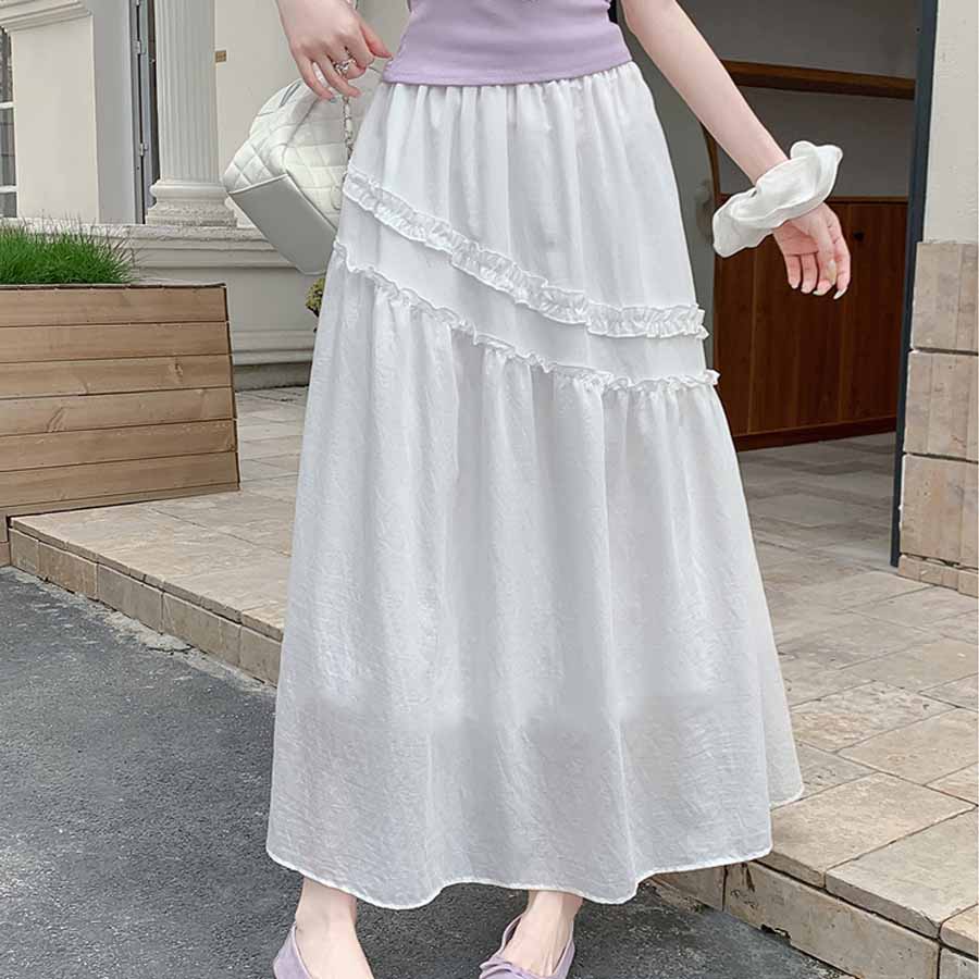 ショッピングゴー shoppinggo Aラインスカート レディース かわいい Aライン マキシ丈 フレアスカート ロング ひざ下 フリル ハイウェスト ボトムス 着痩せ 通勤 オシャレ フレア裾 （ホワイト） ホワイト