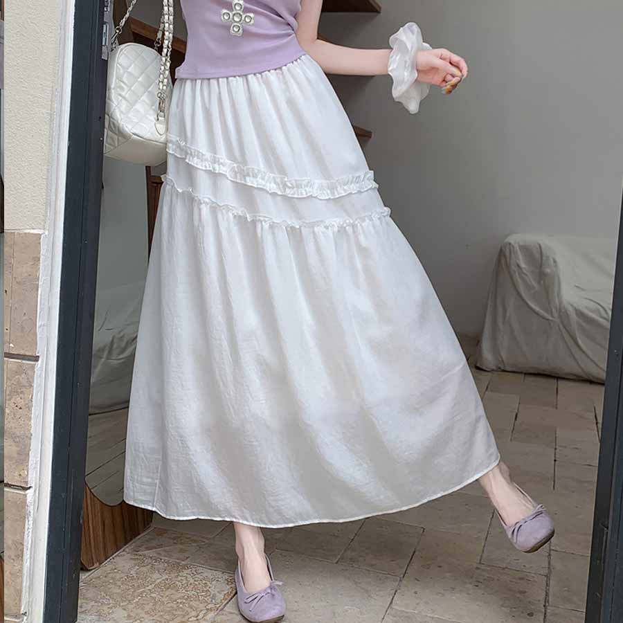ショッピングゴー shoppinggo Aラインスカート レディース かわいい Aライン マキシ丈 フレアスカート ロング ひざ下 フリル ハイウェスト ボトムス 着痩せ 通勤 オシャレ フレア裾 （ホワイト） ホワイト