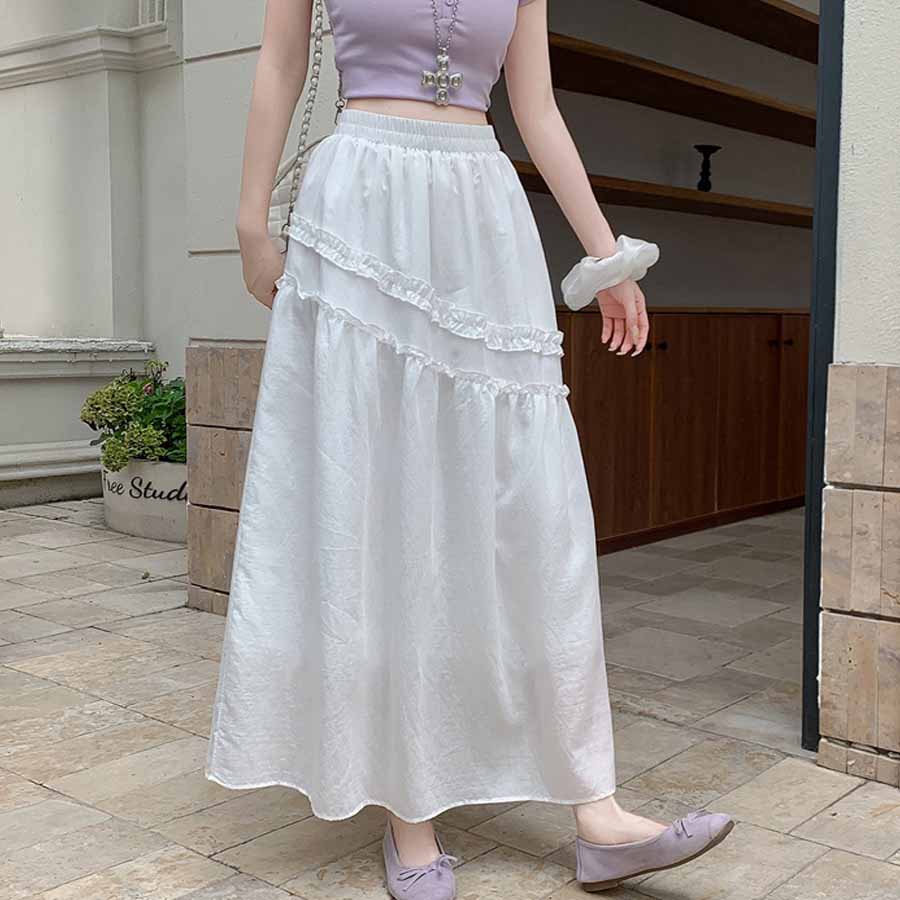 ショッピングゴー shoppinggo Aラインスカート レディース かわいい Aライン マキシ丈 フレアスカート ロング ひざ下 フリル ハイウェスト ボトムス 着痩せ 通勤 オシャレ フレア裾 （ホワイト） ホワイト