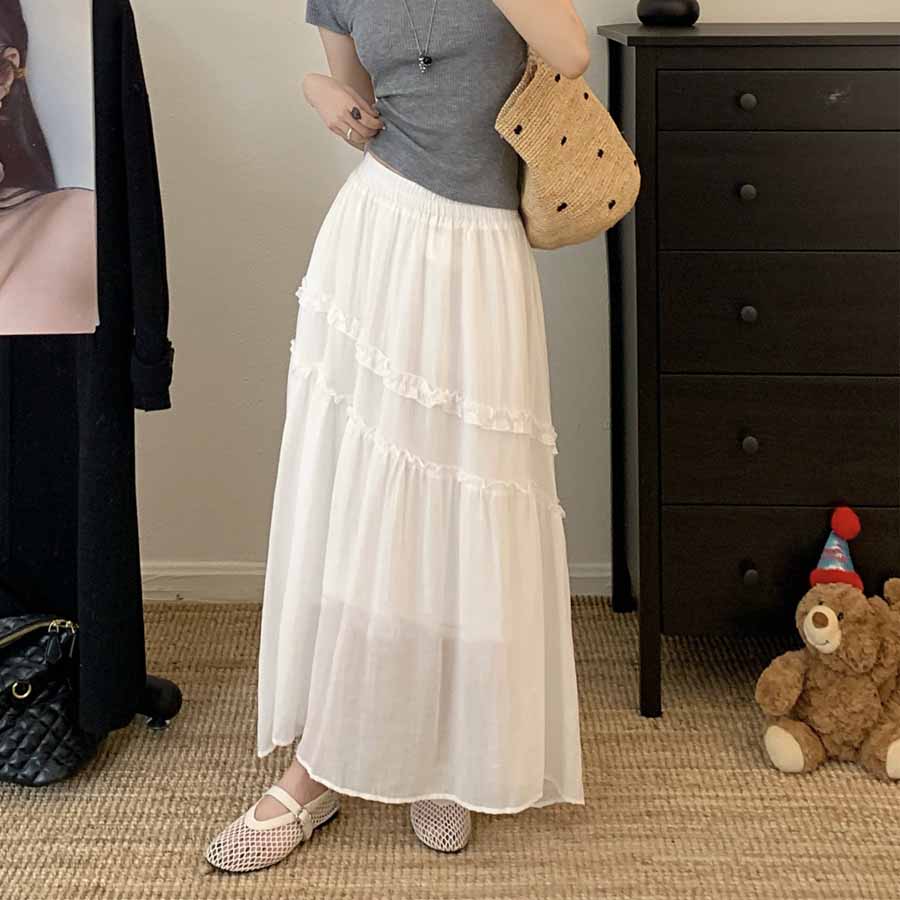 ショッピングゴー shoppinggo Aラインスカート レディース かわいい Aライン マキシ丈 フレアスカート ロング ひざ下 フリル ハイウェスト ボトムス 着痩せ 通勤 オシャレ フレア裾 （ホワイト） ホワイト