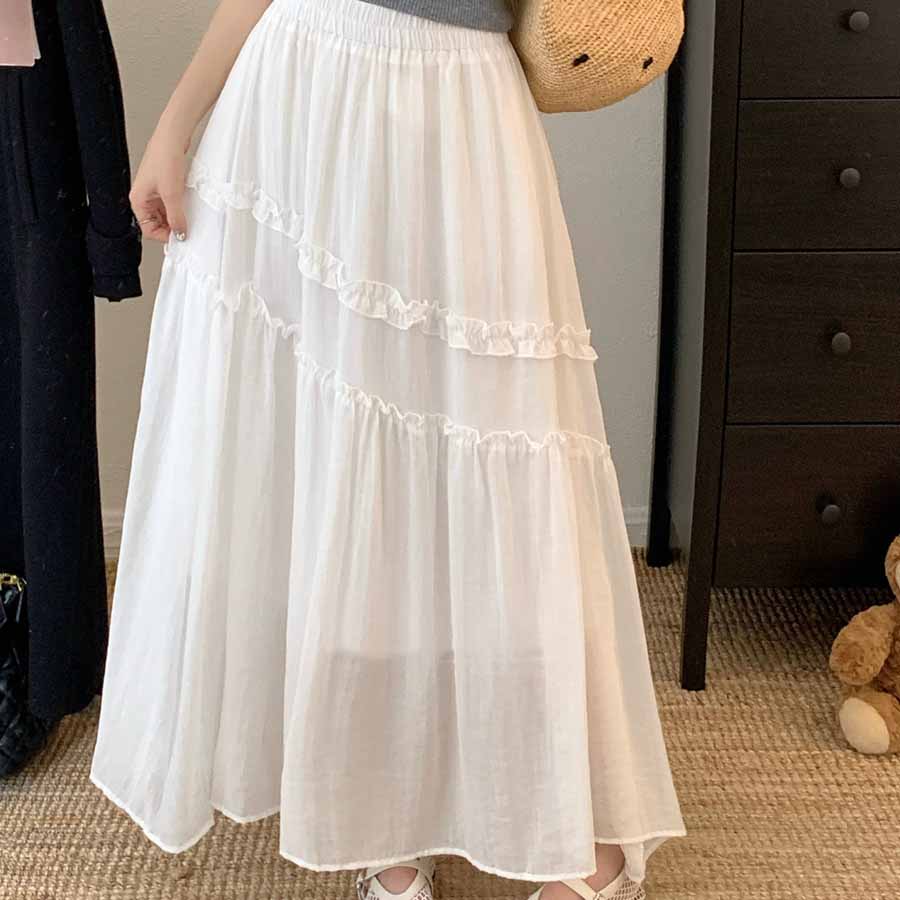ショッピングゴー shoppinggo Aラインスカート レディース かわいい Aライン マキシ丈 フレアスカート ロング ひざ下 フリル ハイウェスト ボトムス 着痩せ 通勤 オシャレ フレア裾 （ホワイト） ホワイト