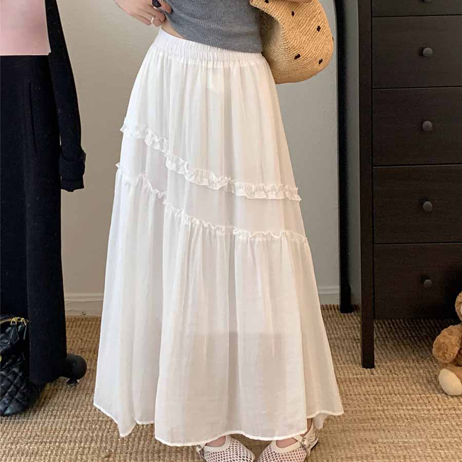 ショッピングゴー shoppinggo Aラインスカート レディース かわいい Aライン マキシ丈 フレアスカート ロング ひざ下 フリル ハイウェスト ボトムス 着痩せ 通勤 オシャレ フレア裾 （ホワイト） ホワイト